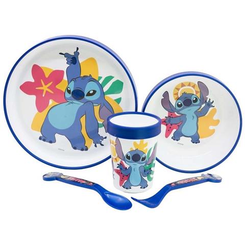 Set 5 Pezzi Stoviglie Stitch Per Bambini Antiscivolo E Microondabili, Bianco / Blu - Foto 1