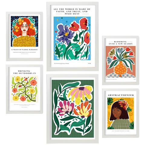 Set Di 6 Stampe Galleria D'arte Astratta Eden Sheet, Dipinti Decorativi Per Il Tuo Soggiorno, Stampe Artistiche Da Parete Per La Casa A3 & A4 Cornice Bianca - Foto 1