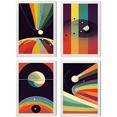 Set Di 4 Stampe Raggi Posters In Arte Astratta Illustrazioni E Manifesti Di Galassie Artistiche Moderne E A Colori Per L'interior Cornice Bianca A4 - Foto 1