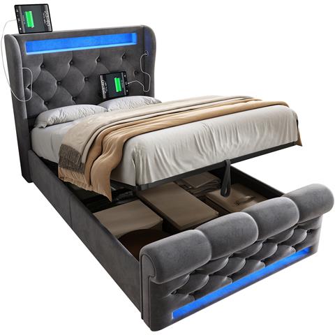 Letto Moderno In Velluto Grigio Con Led E Testiera Contenitore - Foto 1