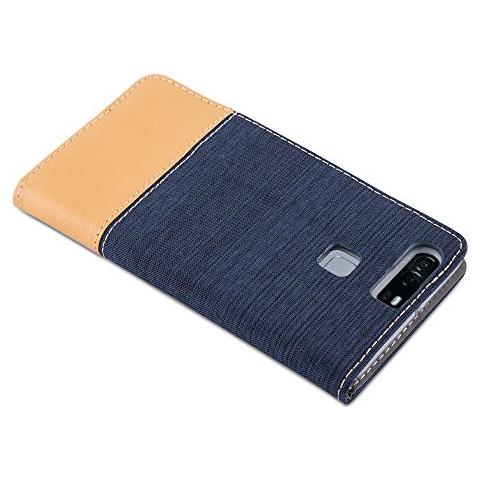 Custodia Compatibile Con Huawei P9 In Blu Scuro Marrone - Coperchio Protettiva Con Chiusura Magnetica, Funzione Stand E Tasca Per Le Carte - Foto 2