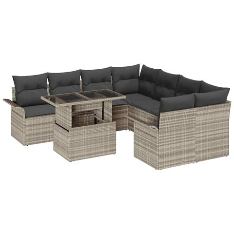 Set Divani Giardino 9 Pezzi con Cuscini Grigio Chiaro in Rattan Polietilene - Foto 1