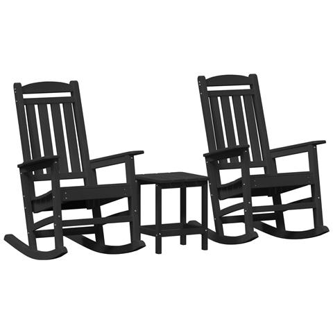 Set di Lounge da Giardino  3 Pezzi Nero HDPE, Sedia a dondolo giardino  nera 70x92x108 cm HDPE, Tavolino laterale Adirondack  nero 38x38x45 cm HDPE - Foto 1