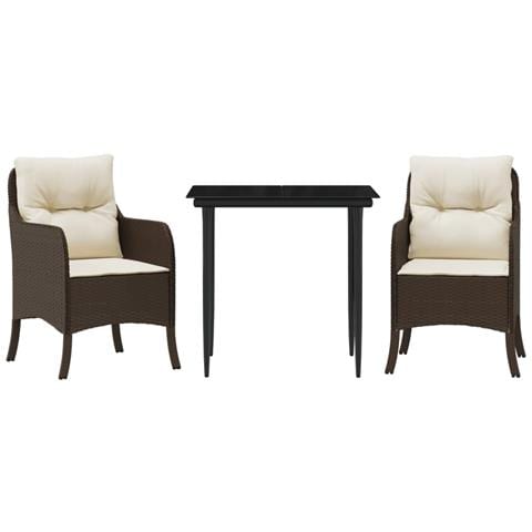 Set da Pranzo da Giardino 3pz con Cuscini in Polyrattan Marrone - Foto 1