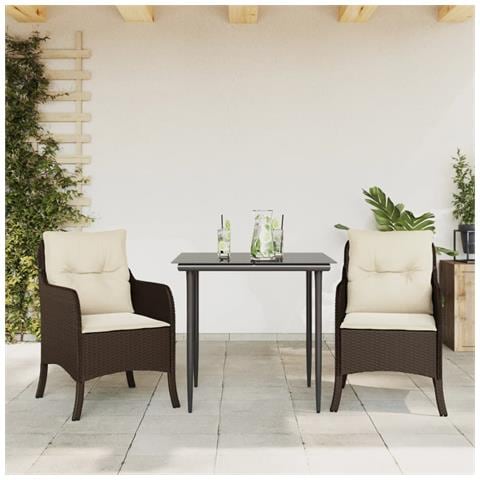 Set da Pranzo da Giardino 3pz con Cuscini in Polyrattan Marrone - Foto 2