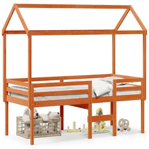 Letto a Soppalco con Tetto Cera 90x190cm Legno Massello di Pino - Foto 1