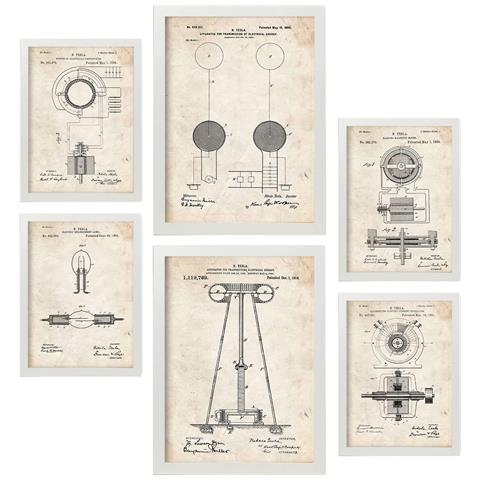 Set Di 6 Stampe Poster Con Brevetti Elettrici 1 Poster Con Immagini Di Brevetti Retrò Design D'interni In Stile Vintage A3 & A4 Cornice Bianca - Foto 1