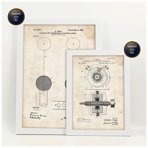 Set Di 6 Stampe Poster Con Brevetti Elettrici 1 Poster Con Immagini Di Brevetti Retrò Design D'interni In Stile Vintage A3 & A4 Cornice Bianca - Foto 6
