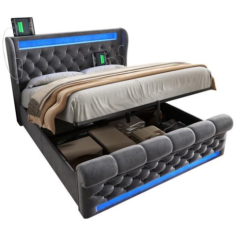 Letto In Velluto Grigio Con Led, Ricarica Usb E Type-c - Foto 1