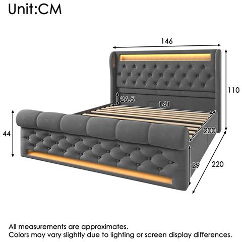 Letto In Velluto Grigio Con Led, Ricarica Usb E Type-c - Foto 3
