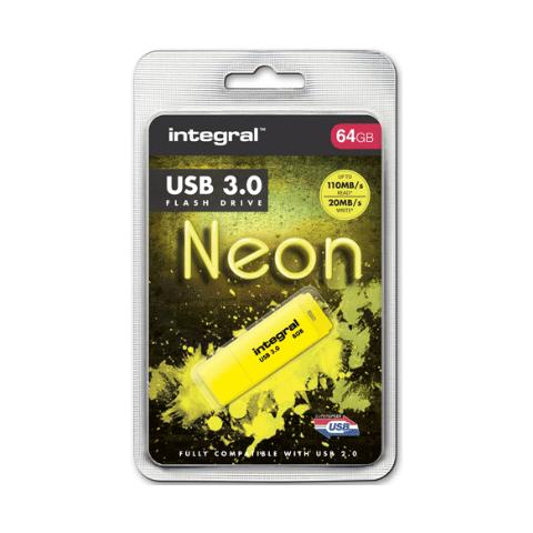 Neon USB 3.0 64GB, USB 3.0 (3.1 Gen 1) , Type-A, 0 - 70 °C, Cuffia, Giallo, Blister - Foto 1