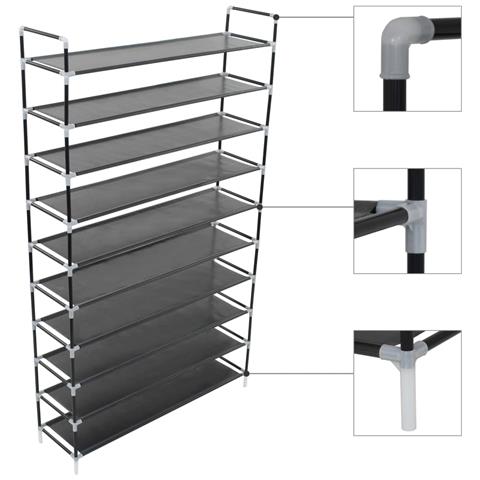 Scarpiera con 10 Ripiani in Metallo e Tessuto non Tessuto Nero - Foto 1