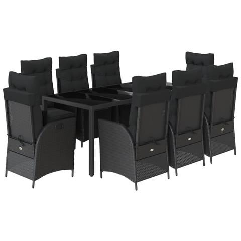 Set da Pranzo da Giardino 9 pz con Cuscini Nero in Polyrattan - Foto 1