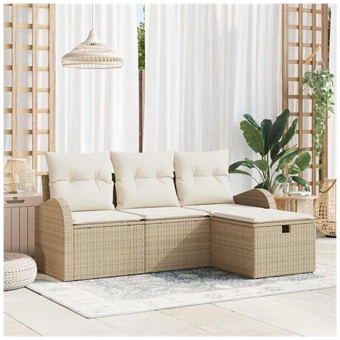 Set Divano da Giardino 4 Pezzi con Cuscini Beige in Rattan - Foto 2
