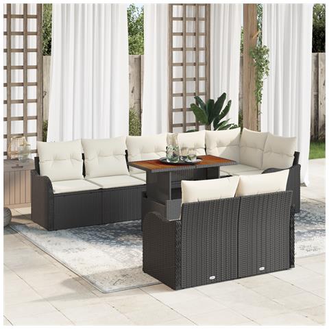 Set Divano Giardino  9 Pezzi con Cuscini Nero Polyrattan Acacia, Divano Giardino  2 Posti con Cuscini Nero Polyrattan - Foto 2