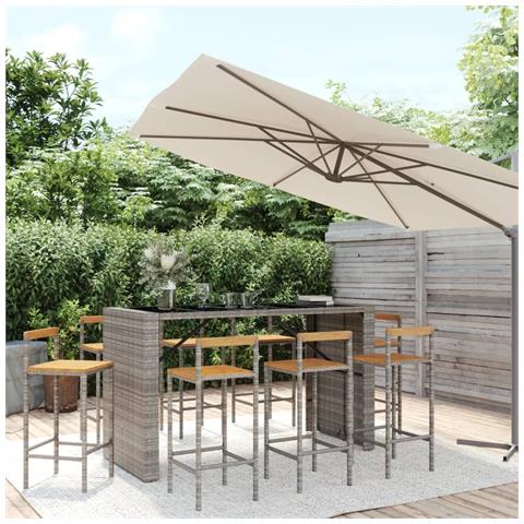 Set Bar Giardino 9pz Grigio Polyrattan e Legno Massello Acacia - Foto 2