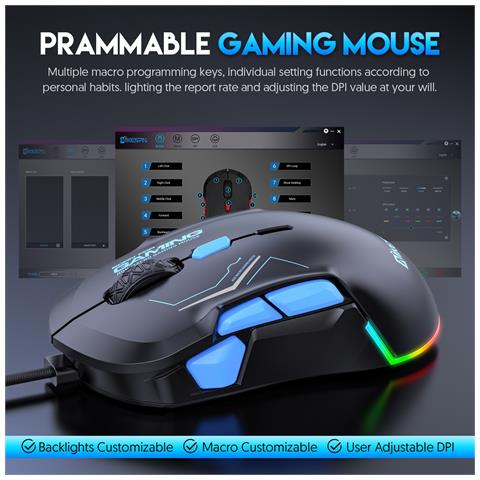 Mouse Da Gioco Cablato Rgb A 10 Pulsanti Con Dpi 12800 E Illuminazione Dinamica Black+red - Foto 7