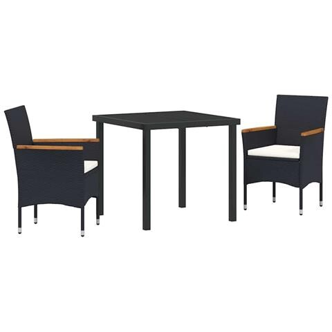 Set da Pranzo per Giardino con cuscino 3 pcs Nero Poly Rattan - Foto 1