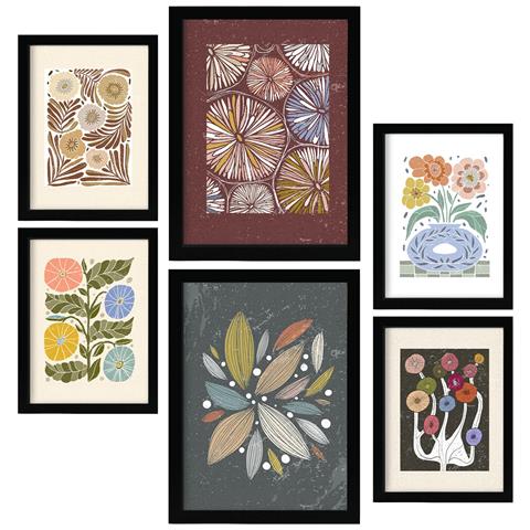 Set Di 6 Stampe Stampe Di Fiori Nella Collezione Di Stampe Etniche, Cornici Decorative Estetiche Per Stampe Artistiche Da Parete Per La Casa A3 & A4 Cornice Nera - Foto 1