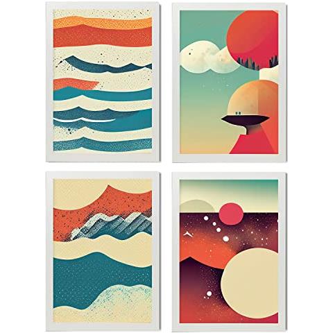 Set Di 4 Stampe Onde Posters In Arte Astratta Illustrazioni E Manifesti Di Galassie Artistiche Moderne E A Colori Per L'interior Cornice Bianca A4 - Foto 1