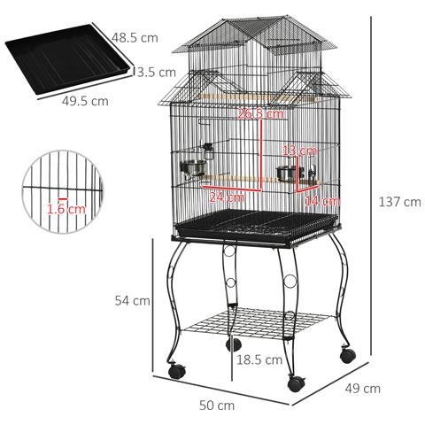 Gabbia Per Uccelli Da Interni In Legno Con Vassoio, 4 Ruote E Trespolo, 50x49x137cm - Foto 6