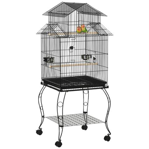 Gabbia Per Uccelli Da Interni In Legno Con Vassoio, 4 Ruote E Trespolo, 50x49x137cm - Foto 1