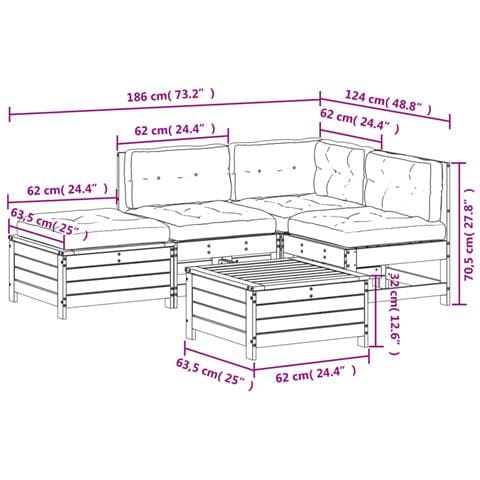 Set Salotto Giardino 5pz con Cuscini Bianco Legno Massello Pino - Foto 2
