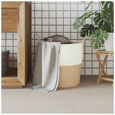 Cestino Portaoggetti Beige E Bianco 43x38 Cm In Cotone - Foto 3