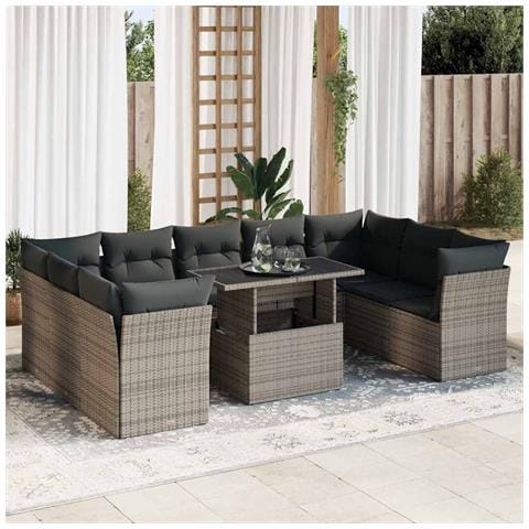 Set Divano Da Giardino 10 Pz Con Cuscini Grigio In Polyrattan - Foto 1