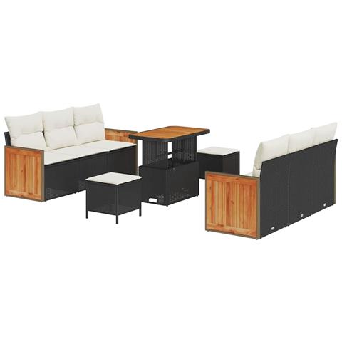 Set da giardino  9 pezzi con cuscini Nero Polyrattan Acacia, Divano da giardino 2 posti  con cuscini Nero Polyrattan, Set da pranzo da giardino 3 pezzi con cuscini Nero Polyrattan Acacia - Foto 1