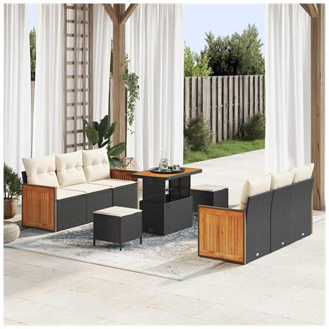Set da giardino  9 pezzi con cuscini Nero Polyrattan Acacia, Divano da giardino 2 posti  con cuscini Nero Polyrattan, Set da pranzo da giardino 3 pezzi con cuscini Nero Polyrattan Acacia - Foto 2
