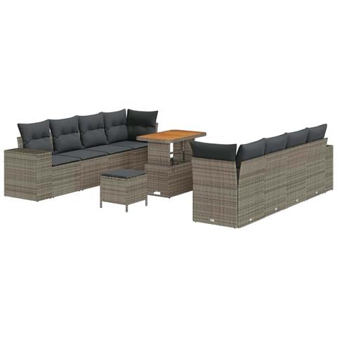 Set di divani da giardino con cuscini grigio rattan sintetico acacia,  Set da pranzo da giardino in 3 pezzi con cuscini grigio rattan sintetico acacia - Foto 1