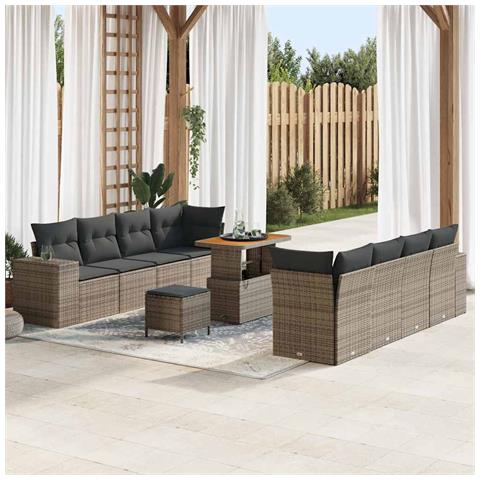 Set di divani da giardino con cuscini grigio rattan sintetico acacia,  Set da pranzo da giardino in 3 pezzi con cuscini grigio rattan sintetico acacia - Foto 2