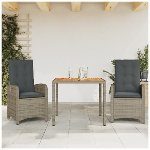 Set da Pranzo da Giardino 3 pz con Cuscini in Polyrattan Grigio - Foto 2