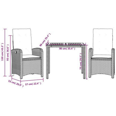 Set da Pranzo da Giardino 3 pz con Cuscini in Polyrattan Grigio - Foto 9