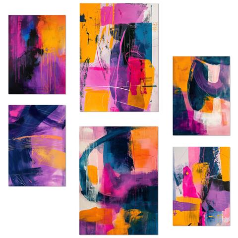 Set Di 6 Stampe Forme Astratte Di Colore Blu Fucsia Puro Con Illustrazioni Di Design Per Le Pareti Casa Stanze Negozio & Business A3 & A4 Senza Cornice - Foto 1