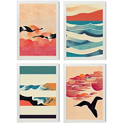Set Di 4 Stampe Uccello Posters In Arte Astratta Illustrazioni E Manifesti Di Galassie Artistiche Moderne E A Colori Per L'interior Cornice Bianca A4 - Foto 1