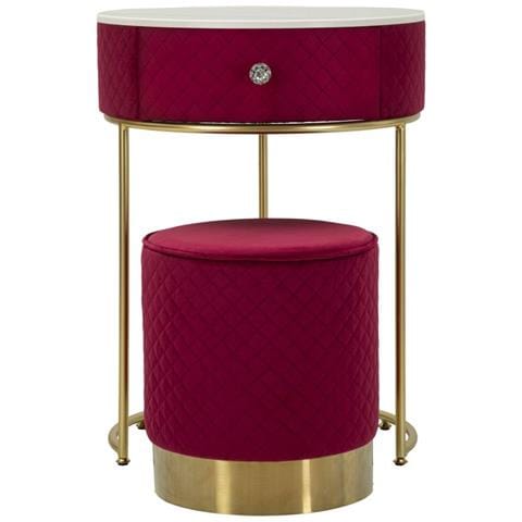 Comodino Toletta Vellit Rosso Con Pouf Abbinato In Velluto Matelassé E Oro Ø52x70 Cm - Foto 1