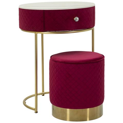 Comodino Toletta Vellit Rosso Con Pouf Abbinato In Velluto Matelassé E Oro Ø52x70 Cm - Foto 2