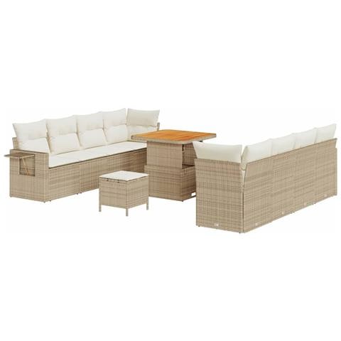 Set di Divani da Giardino con Cuscini in Polirattan Beige e Acacia da 11 Pezzi, Set da Pranzo da Giardino con Cuscini in Polirattan Beige e Acacia da 3 Pezzi - Foto 1