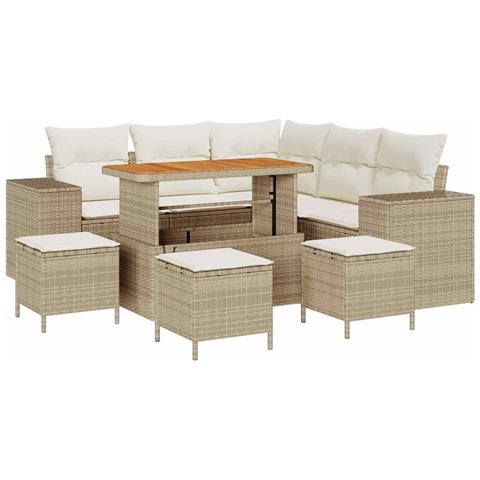 Set Divano da Giardino 9 Pezzi con Cuscini Beige Rattan Composito Acacia, Set da Pranzo da Giardino 4 Pezzi con Cuscini Beige Rattan Composito Acacia - Foto 1