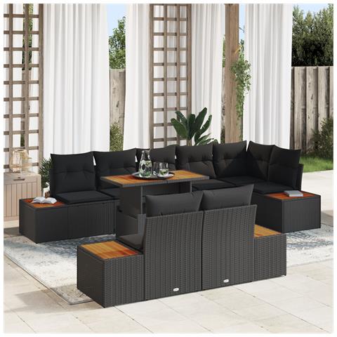 Set pranzo giardino 9 pezzi con cuscini Nero Polyrattan Acacia - Foto 2