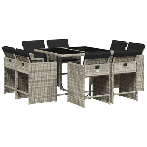 Set Pranzo da Giardino 9pz con Cuscini Grigio Chiaro Polyrattan - Foto 1