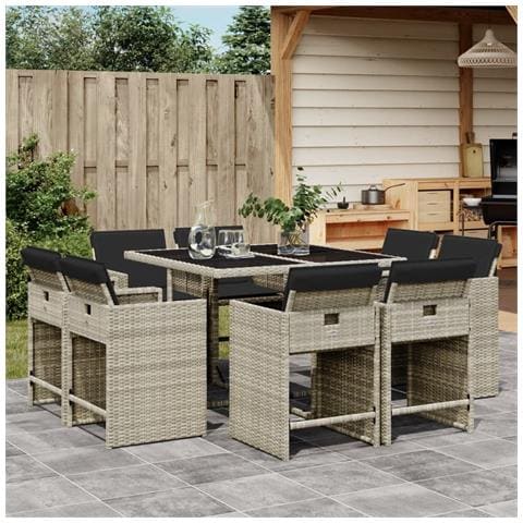 Set Pranzo da Giardino 9pz con Cuscini Grigio Chiaro Polyrattan - Foto 2