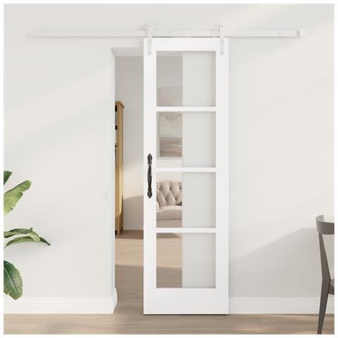 Porta Scorrevole con Set di Hardware Bianca 61x198,5 cm Legno Massello di Pino, Porta Interna con Vetro 'ORKDAL'Bianca 61x198,5x4 cm - Foto 2