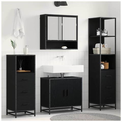 Set di mobili per il bagno 4 pcs Rovere Nero Legno multistrato - Foto 2