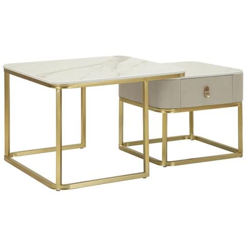 Coppia Tavolini Da Caffè Beauty In Crema E Oro 70x70x48 E 50x50x43 Cm - Foto 1