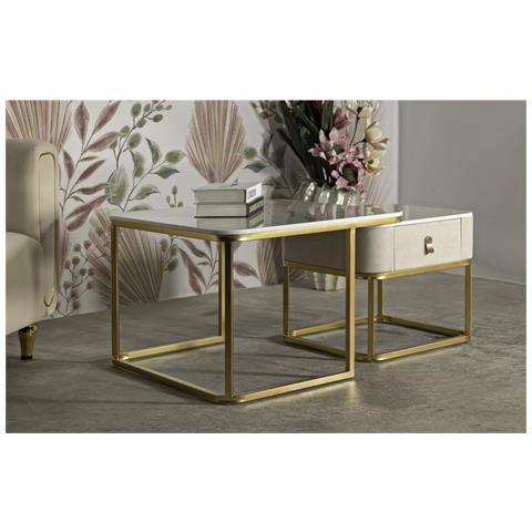 Coppia Tavolini Da Caffè Beauty In Crema E Oro 70x70x48 E 50x50x43 Cm - Foto 8