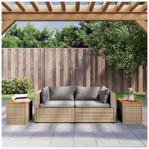 Tavolini Giardino 2pz Beige 55x34x37 Polyrattan Legno Massello - Foto 3