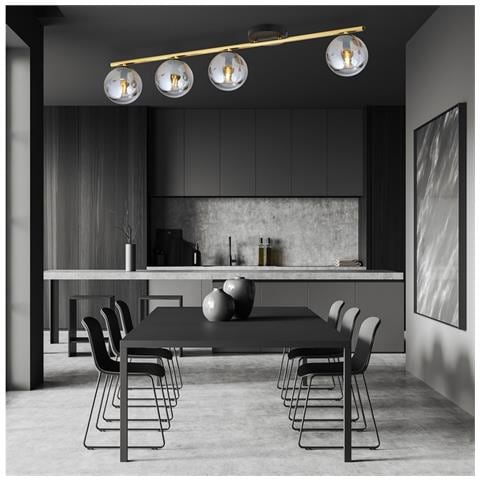 Lampada A Soffitto Monza - Nero, Oro, Grigio - Acciaio Verniciato A Polvere, Vetro - 100x20x14 Cm - Foto 2